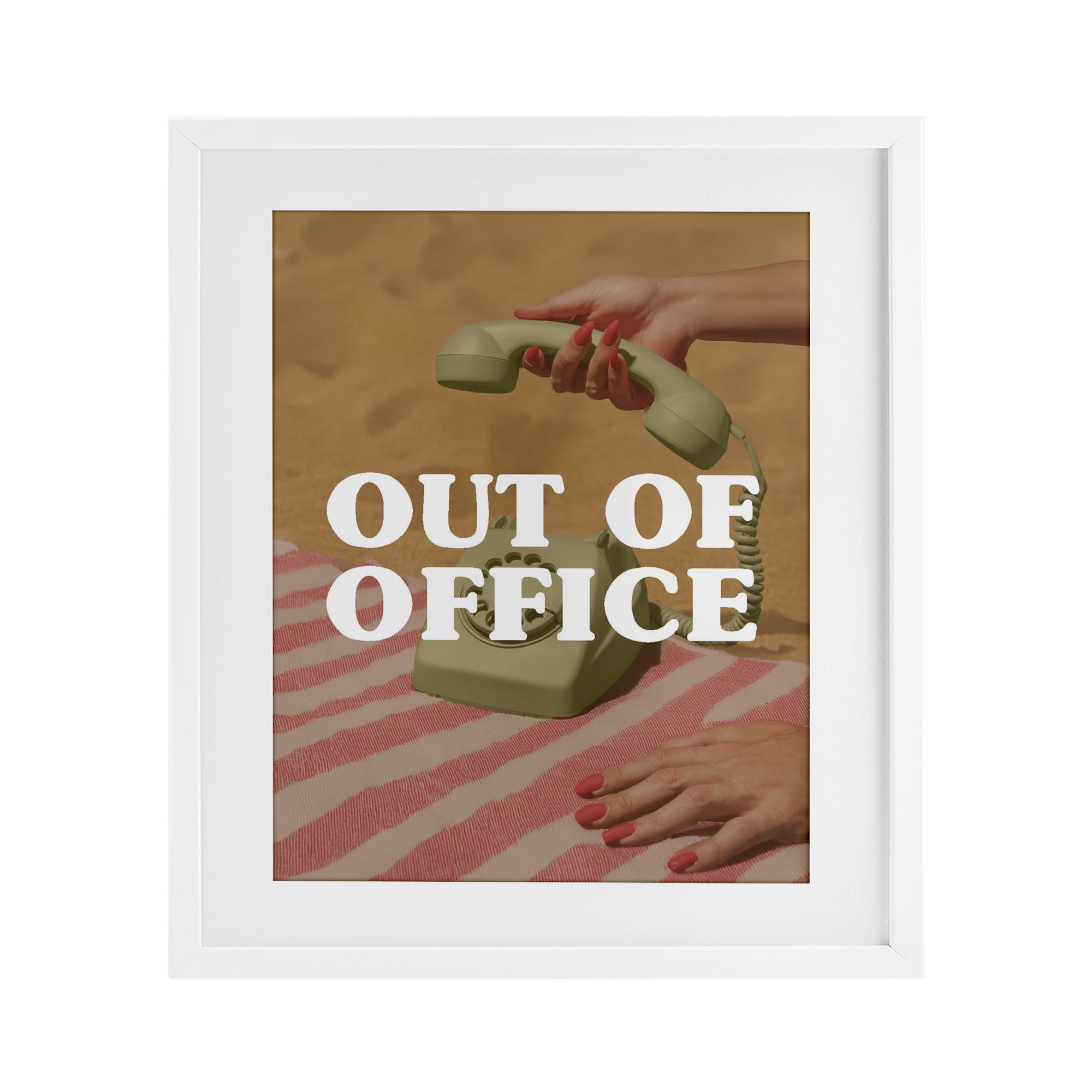 Out of Office Green Phone White Framed Print Under Glass, design by Lil' Rue