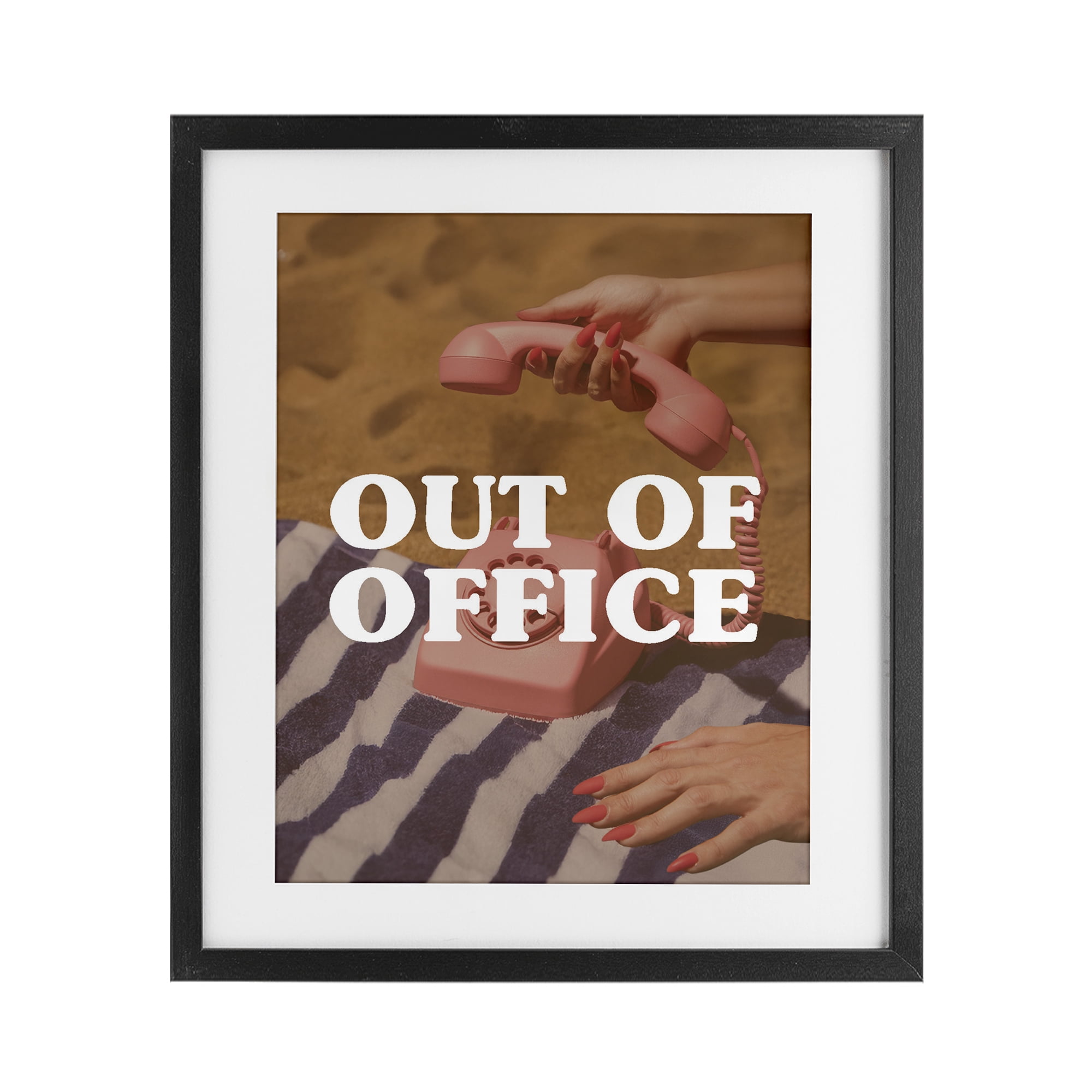 Out of Office Pink Phone Black Framed Print Under Glass, design by Lil' Rue