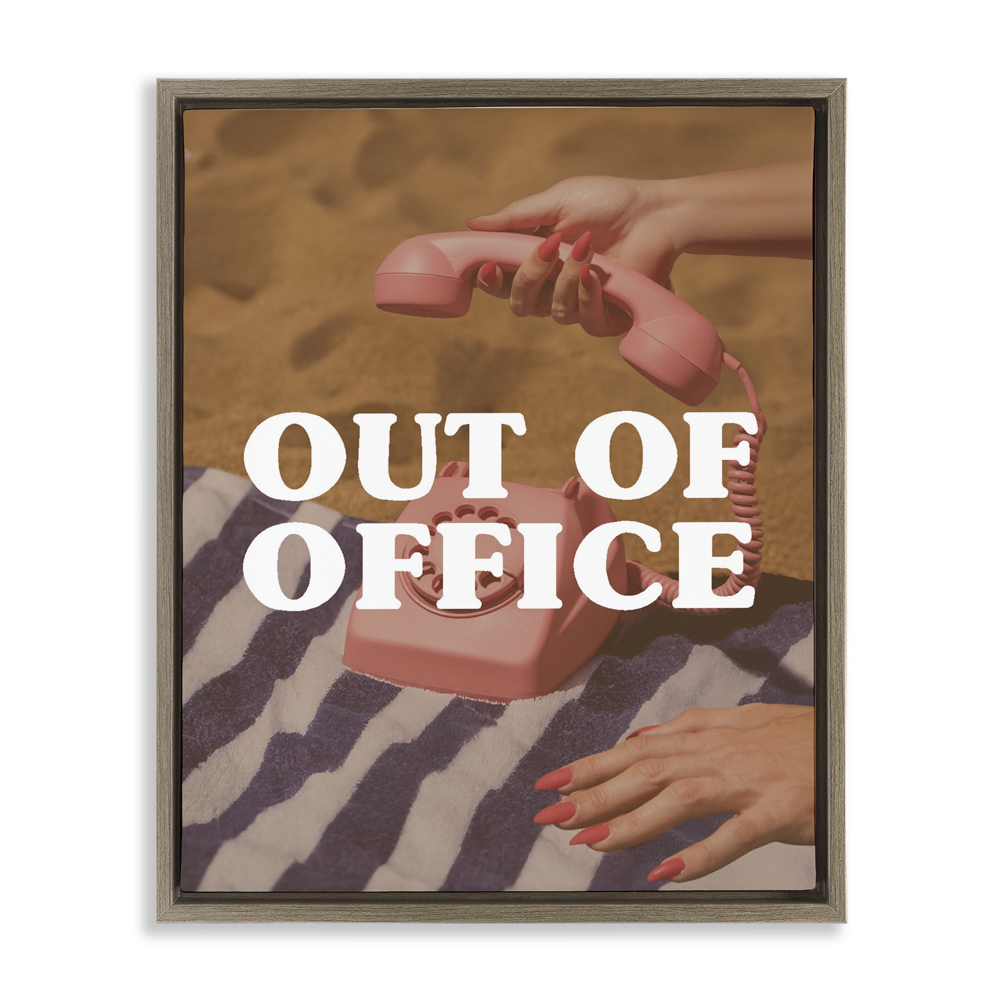 Out of Office Pink Phone Brown Framed Floater Canvas Wall Art, design by Lil' Rue