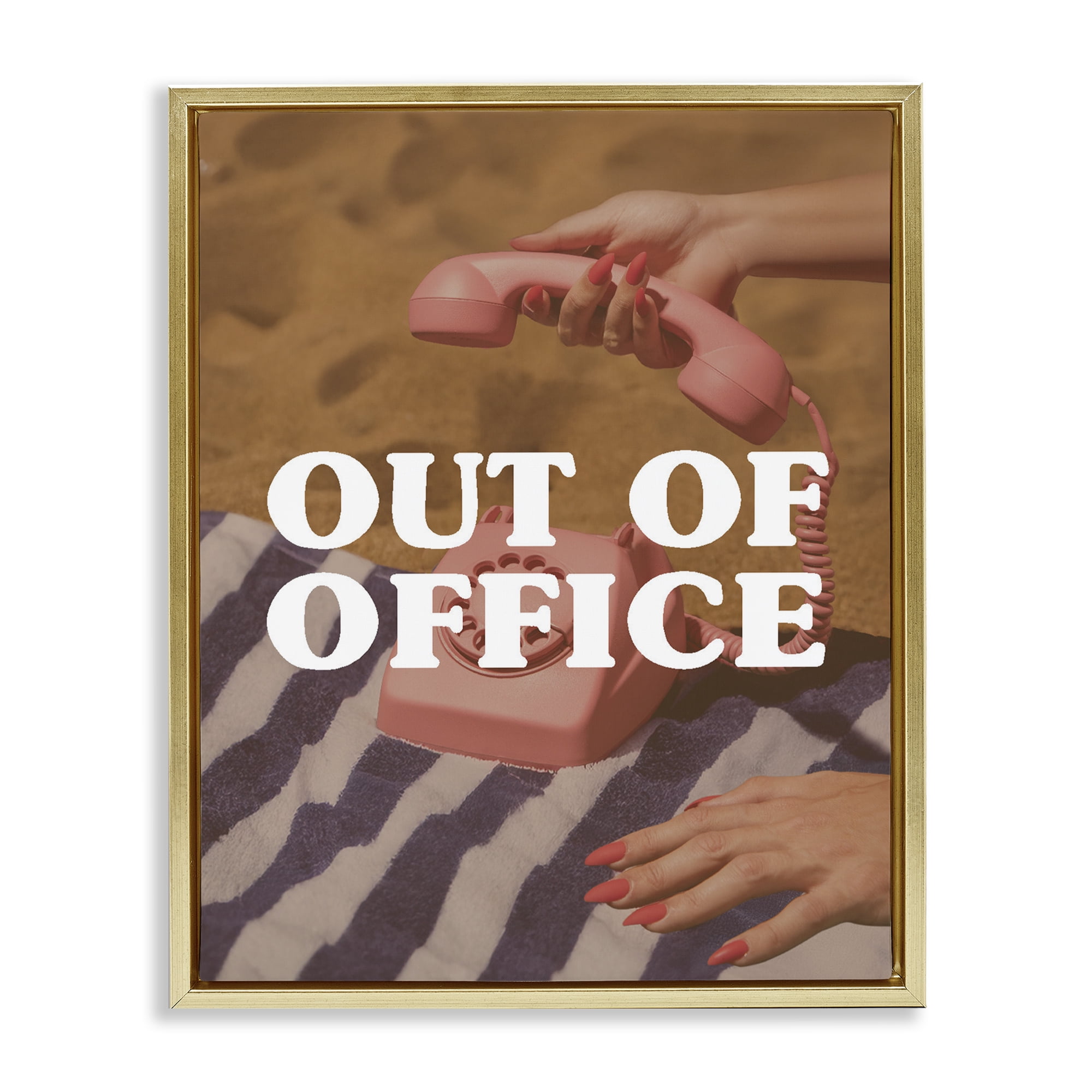 Out of Office Pink Phone Gold Framed Floater Canvas Wall Art, design by Lil' Rue