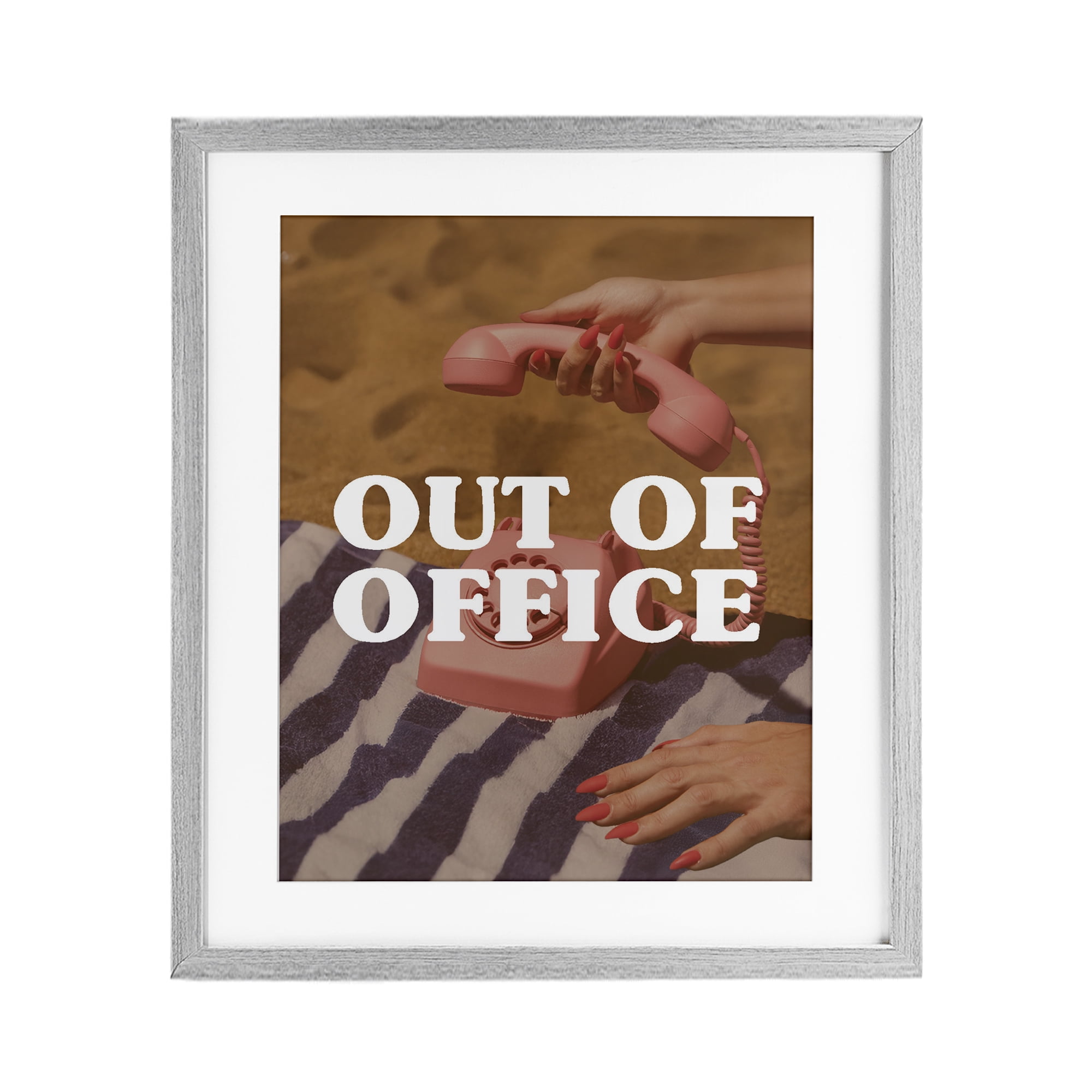 Out of Office Pink Phone Gray Framed Print Under Glass, design by Lil' Rue