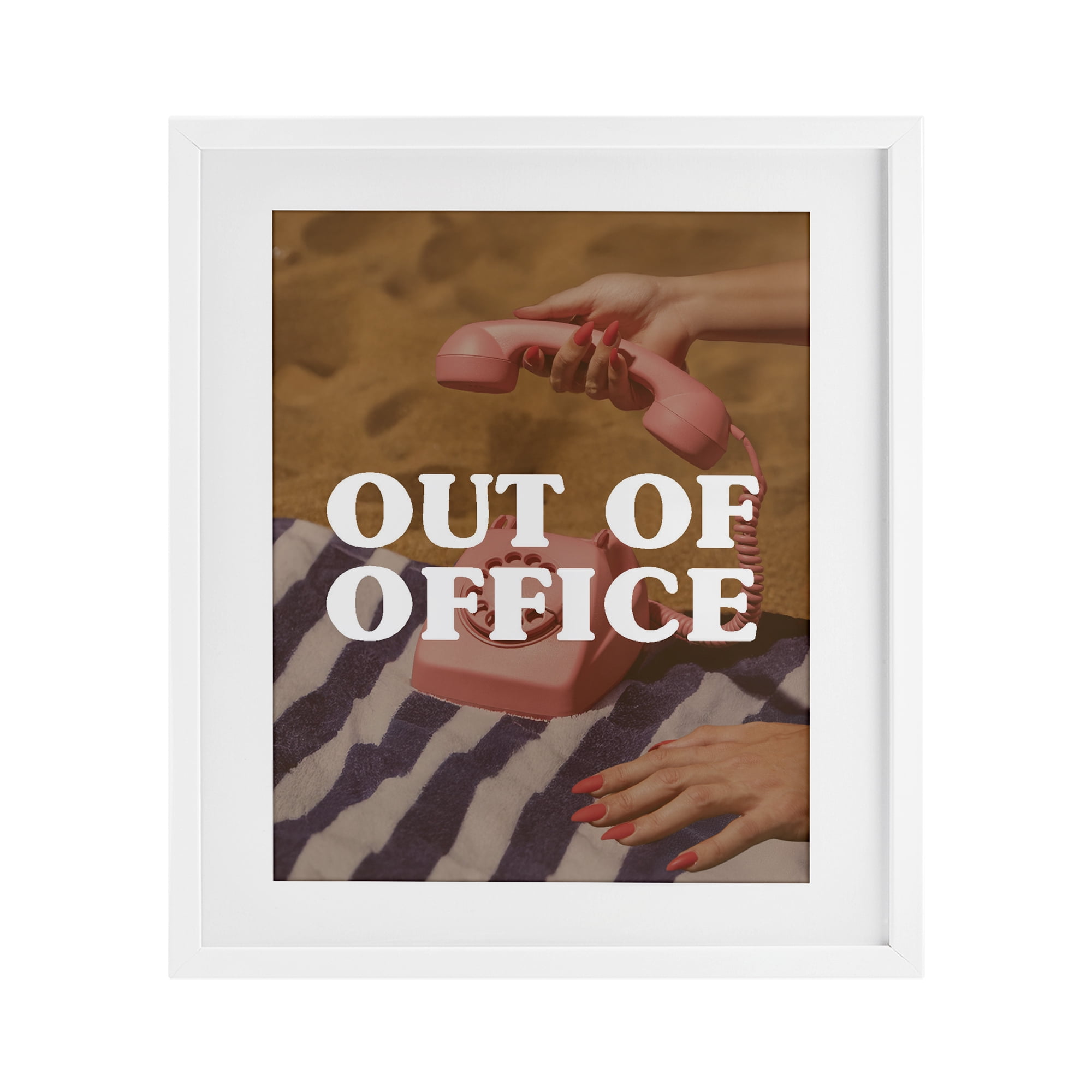 Out of Office Pink Phone White Framed Print Under Glass, design by Lil' Rue
