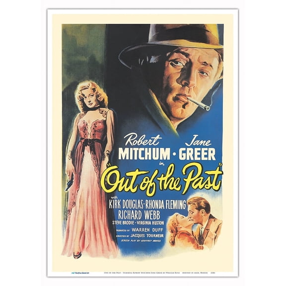 Out of the Past - Starring Robert Mitchum Jane Greer - Vintage Film Noir Movie Poster by William Rose c.1947 - Master Art Print 10in x 14in