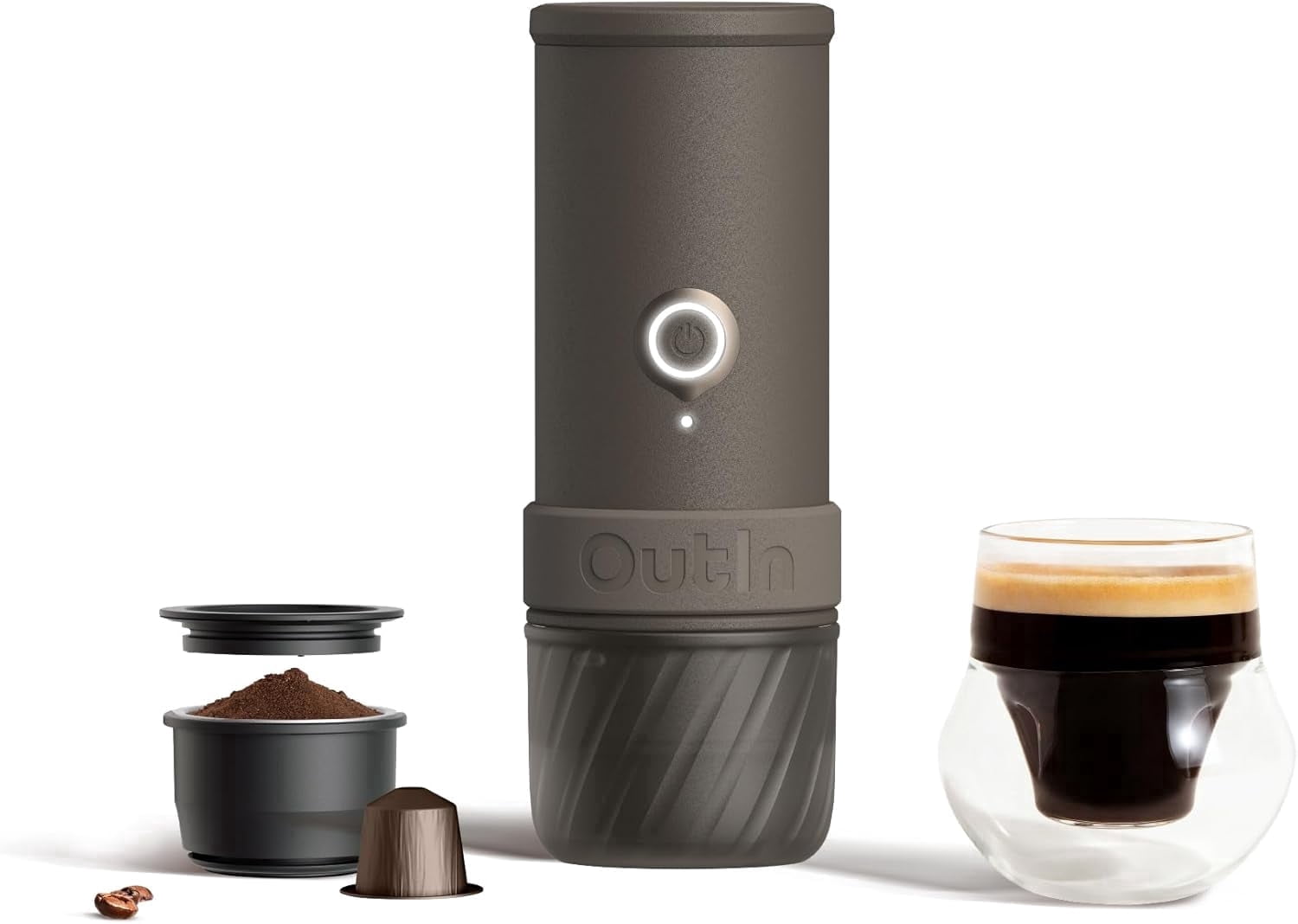 OutIn Mino Portable Electric Espresso Machine, Self-Heating Mini Travel Coffee Maker with Capsule & Ground Coffee Compatibility