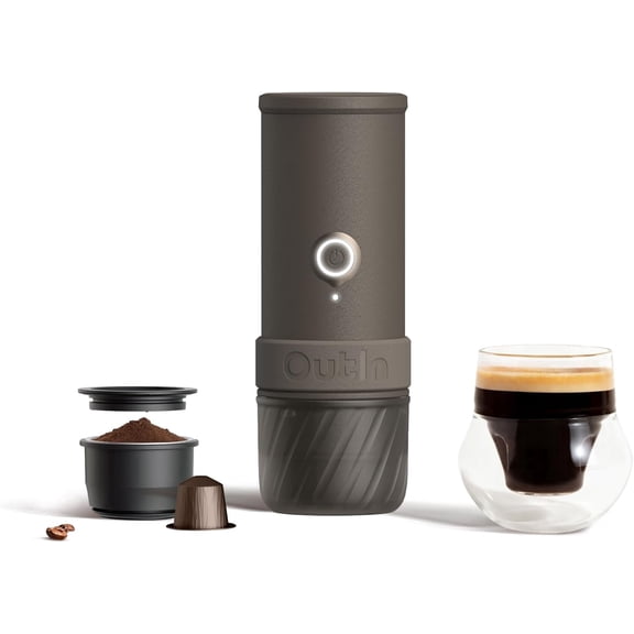 OutIn Mino Portable Electric Espresso Machine, Self-Heating Mini Travel Coffee Maker with Capsule & Ground Coffee Compatibility