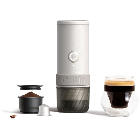 OutIn Mino Portable Electric Espresso Machine, Self-Heating Mini Travel Coffee Maker with Capsule & Ground Coffee Compatibility