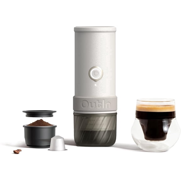 OutIn Mino Portable Electric Espresso Machine, Self-Heating Mini Travel Coffee Maker with Capsule & Ground Coffee Compatibility