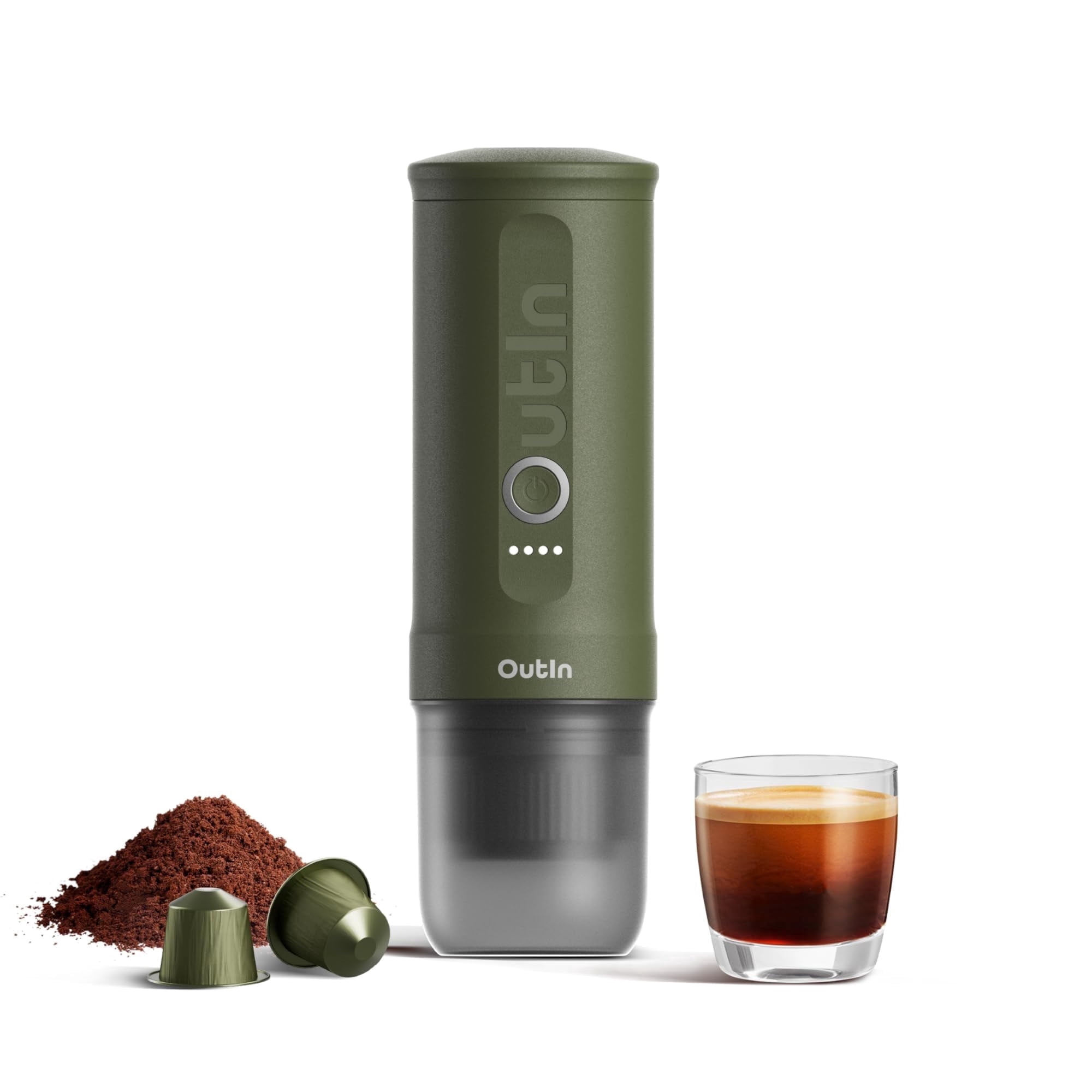 OutIn Nano Portable Electric Espresso Machine - Forest Green - Self-Heating Travel Coffee Maker w/USB-C, Works with Ground Coffee & Nespresso Capsules