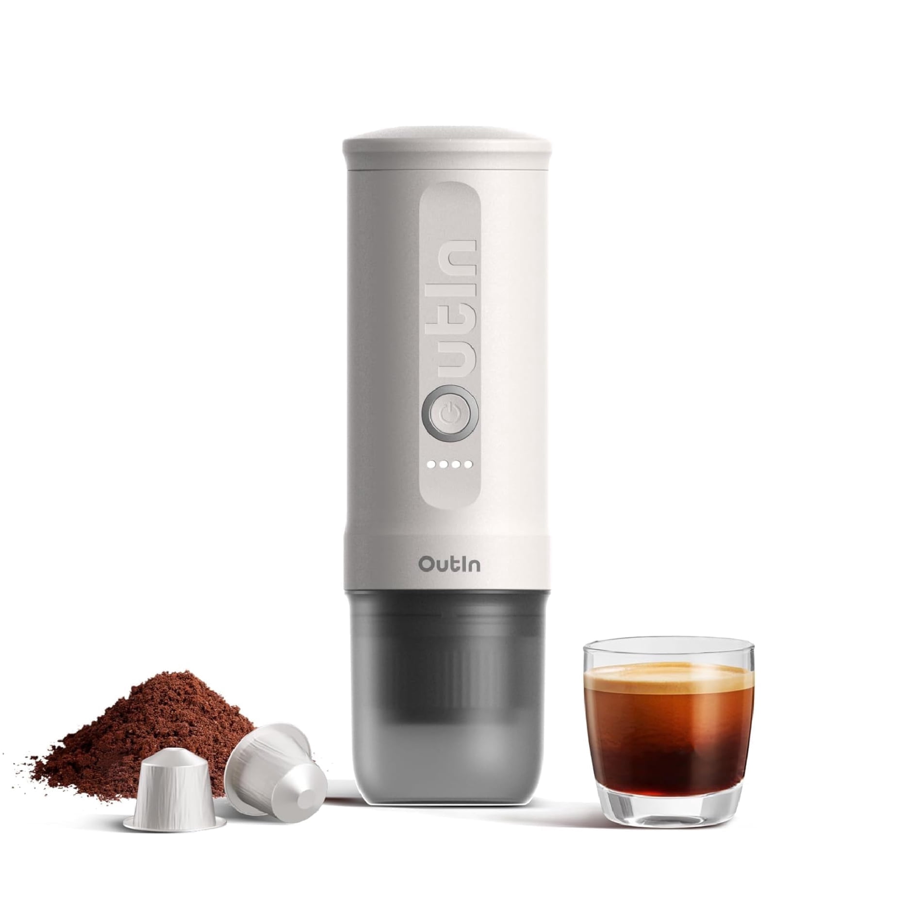 OutIn Nano Portable Electric Espresso Machine - Pearl White - Self-Heating Travel Coffee Maker w/USB-C, Works with Ground Coffee & Nespresso Capsules