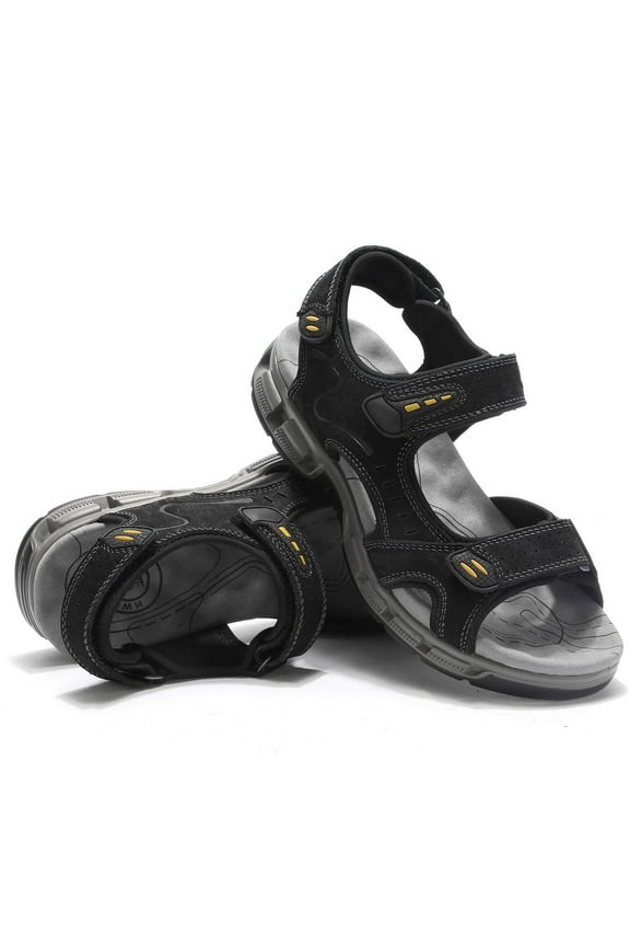 Men's Leather Sandals Hiking Outdoor Water Beach Sports Mens Sandals Fisherman for Summer Open Toe Adjustable Straps Black