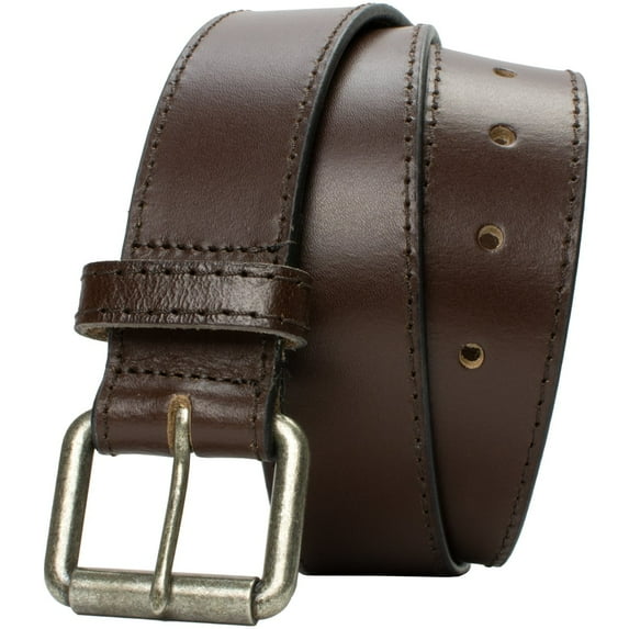 Outback Brown Leather Belt by Nickel Zero® - Nickel Free Belt Buckle with 1.5 Inch Full Grain Leather Strap. Stitched Edge Brown Leather Strap with Hypoallergenic Roller Buckle Allows for Good Cinch.