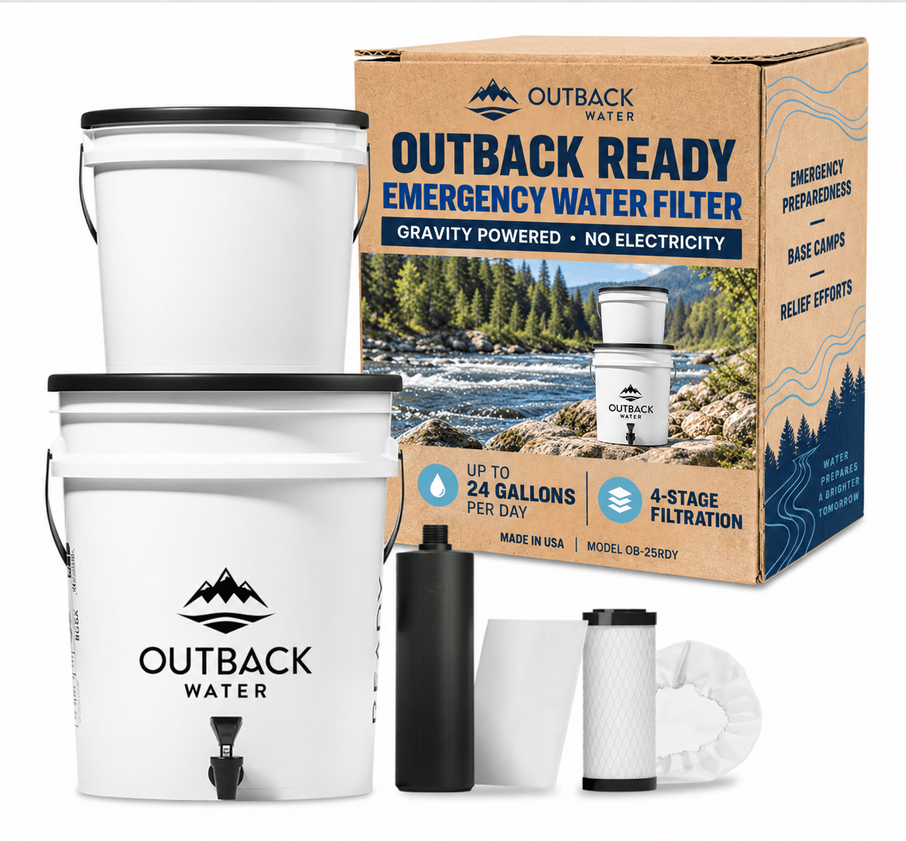 Outback Ready Gravity-Powered Emergency Water Filter System, 4-Stage, 24 GPD, USA Made
