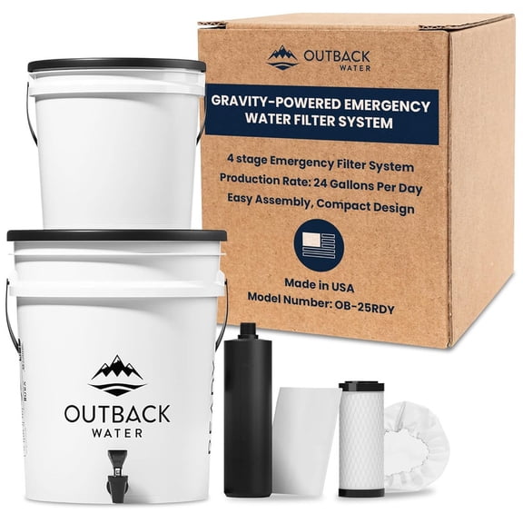 Outback Emergency Water Filter System for Survival Kit, Camping Gear, & Bug Out Bag - 4-Stage Water Filtration System, Purifies 24 GPD, Made in USA Gravity Water Filter, Field Tested for 20+ Years