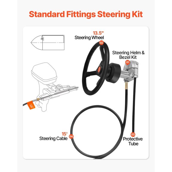 Outboard Steering System SS13715 Safe-T Quick Connect Rotary Steering System 15' Steering Cable With 13"Wheel Durable Marine Steering System