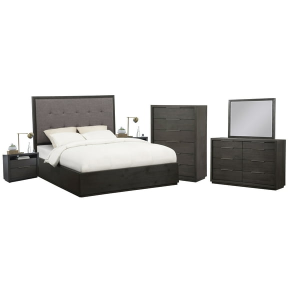 Outbound 6PC E King Platform Bed, 2 Nightstand, Dresser, Mirror & Chest Set in Weathered Grey
