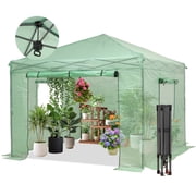 Outdoor Basic 8X8FT Pop-up Greenhouse, Walk-in Plant Gardening Green House with PE Cover/Roll-Up Zipper Doors/Side Windows for Indoor, Backyard and Pation, Green.