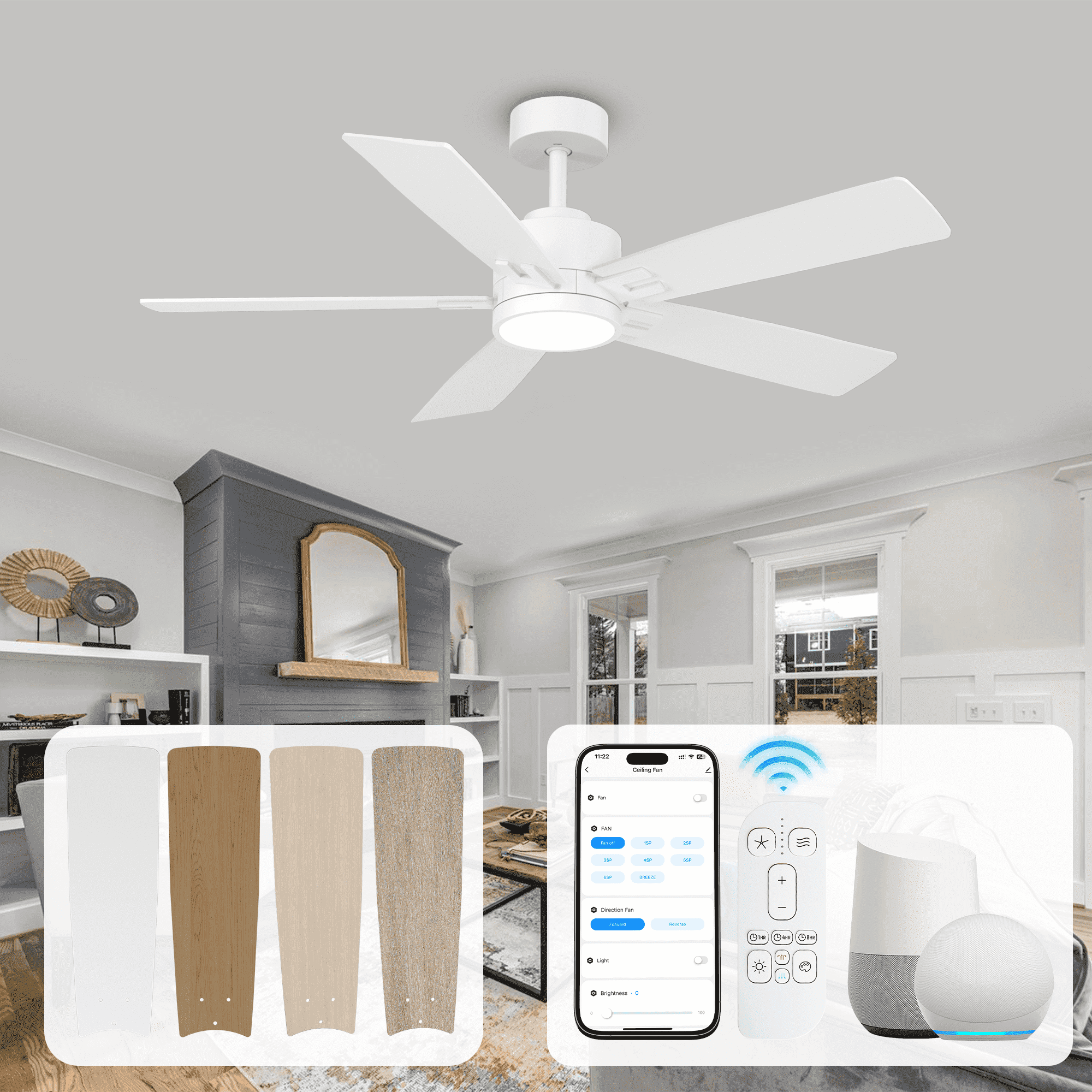 52 inch White Ceiling Fan with Light, Works with Alexa & App, Quiet Reversible DC Motor for Indoor Outdoor, 4-in-1 Modern Style with 2 Sets of Reversible Blades