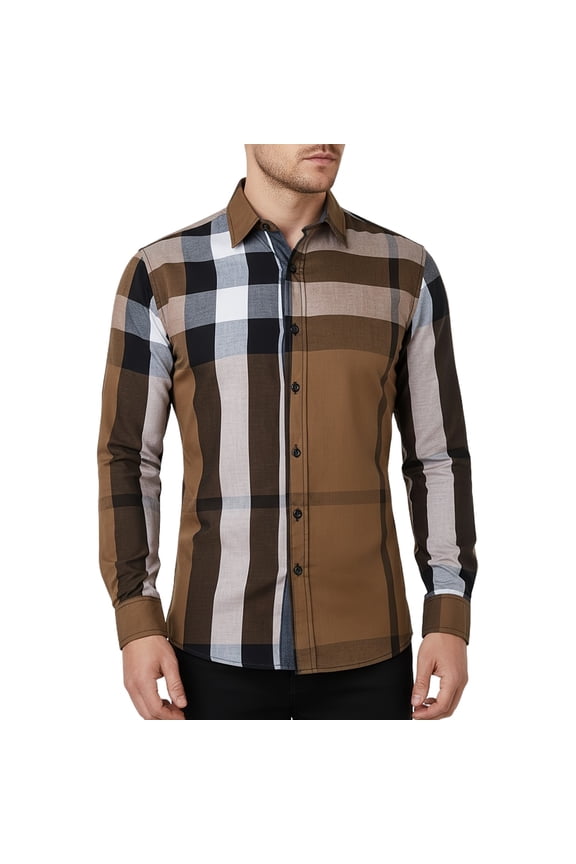 Outdoor 100% Cotton Men's Classic Random Plaid Button-Down Shirt, Long Sleeve with Chest Pocket, Machine Washable-Perfect for Outdoor & Casual Wear