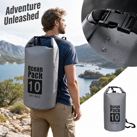 Outdoor 10L Waterproof Dry Bag, Roll‑Top Waterproof PVC Dry Sack, Keep Valuables Dry for Kayaking, Rafting, Boating, Beach, Camping and Mountaineering Activities