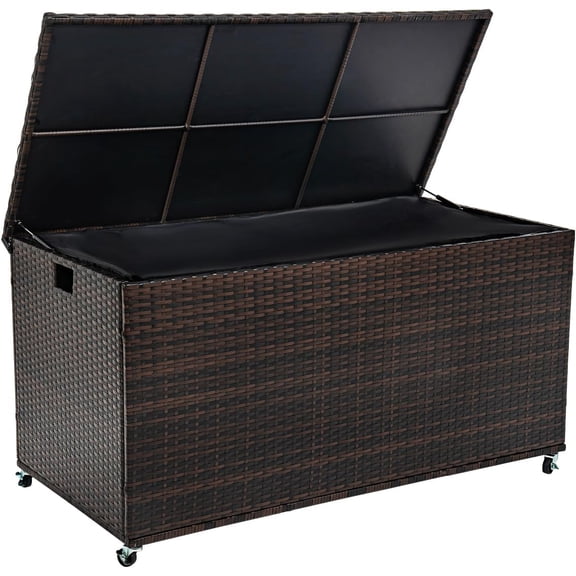 Outdoor 170 Gallon Water-Resistant Wicker Storage Box with Wheels, PE Rattan Deck Box with Waterproof Liner for Outside, Patio Storage Container with Hinged Lid, Horizontal Bin, Brown