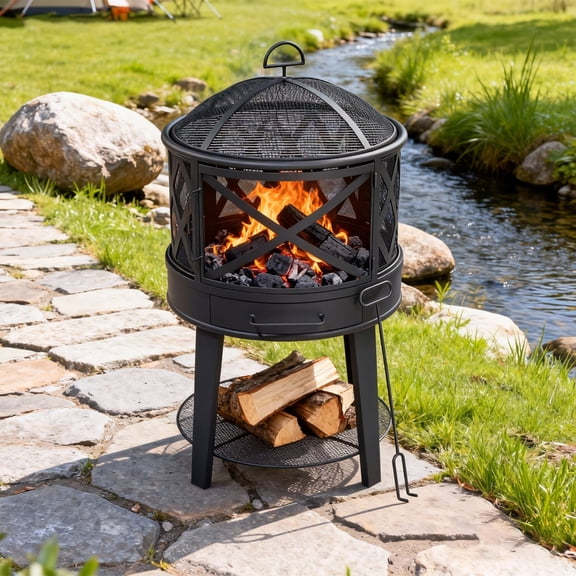 Outdoor 18" Mini Wood Burning Fireplace with Poker ,Fire Pit with Round Grill Top for BBQ,Black