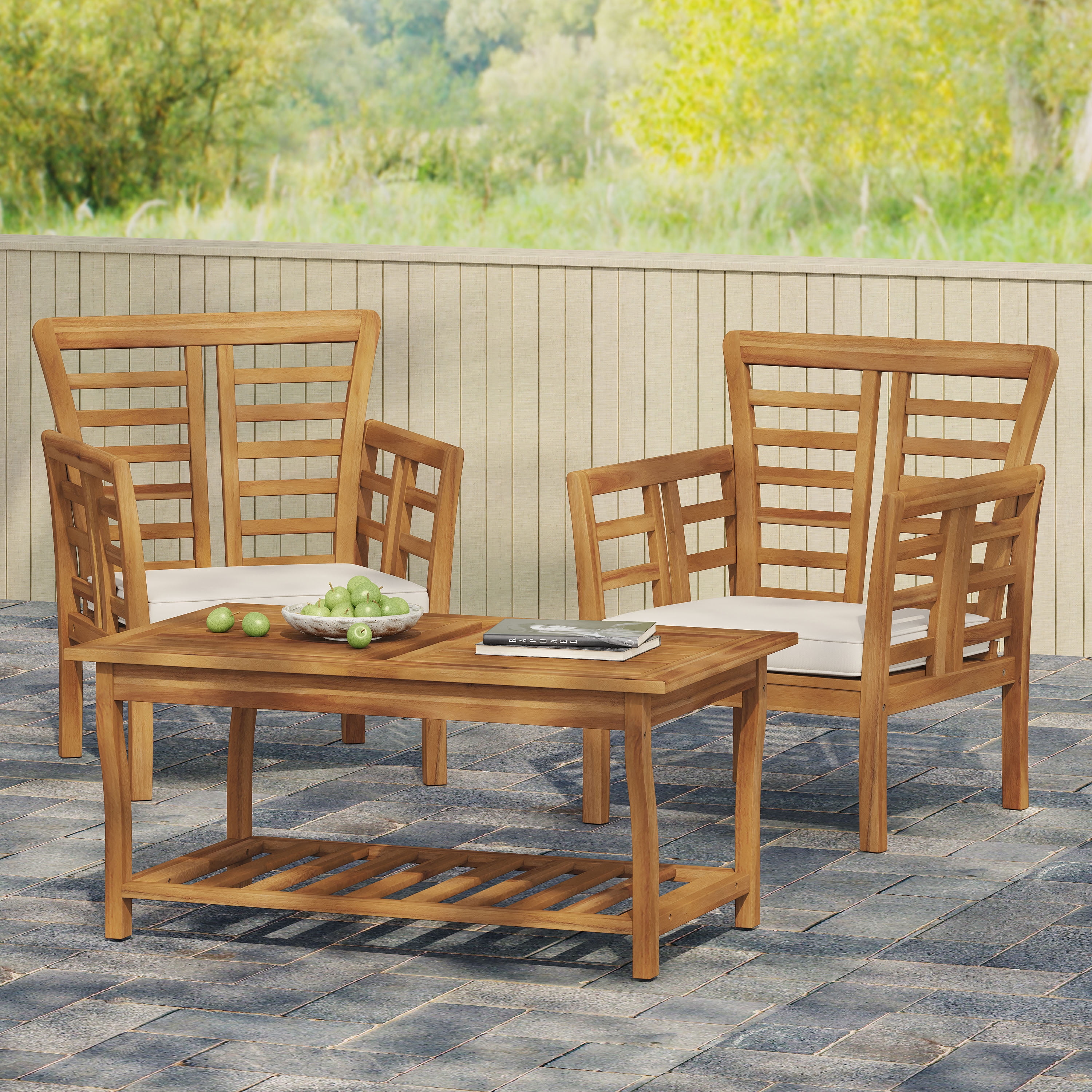 Outdoor 2 Chairs plus Side Table Leisure Set, Combined Outdoor Furniture for Patio Garden, Teak and Beige