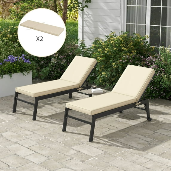 Outdoor 2 Chaise Lounge Chair Cushions with Backrests & Straps, Beige