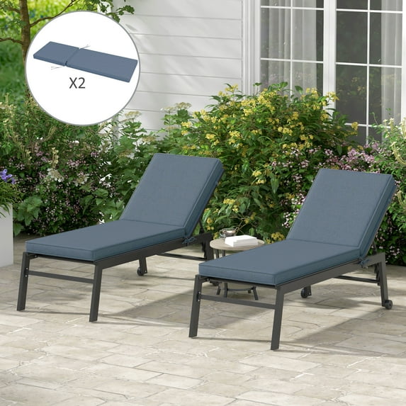 Outdoor 2 Chaise Lounge Chair Cushions with Backrests & Straps, Sky Blue