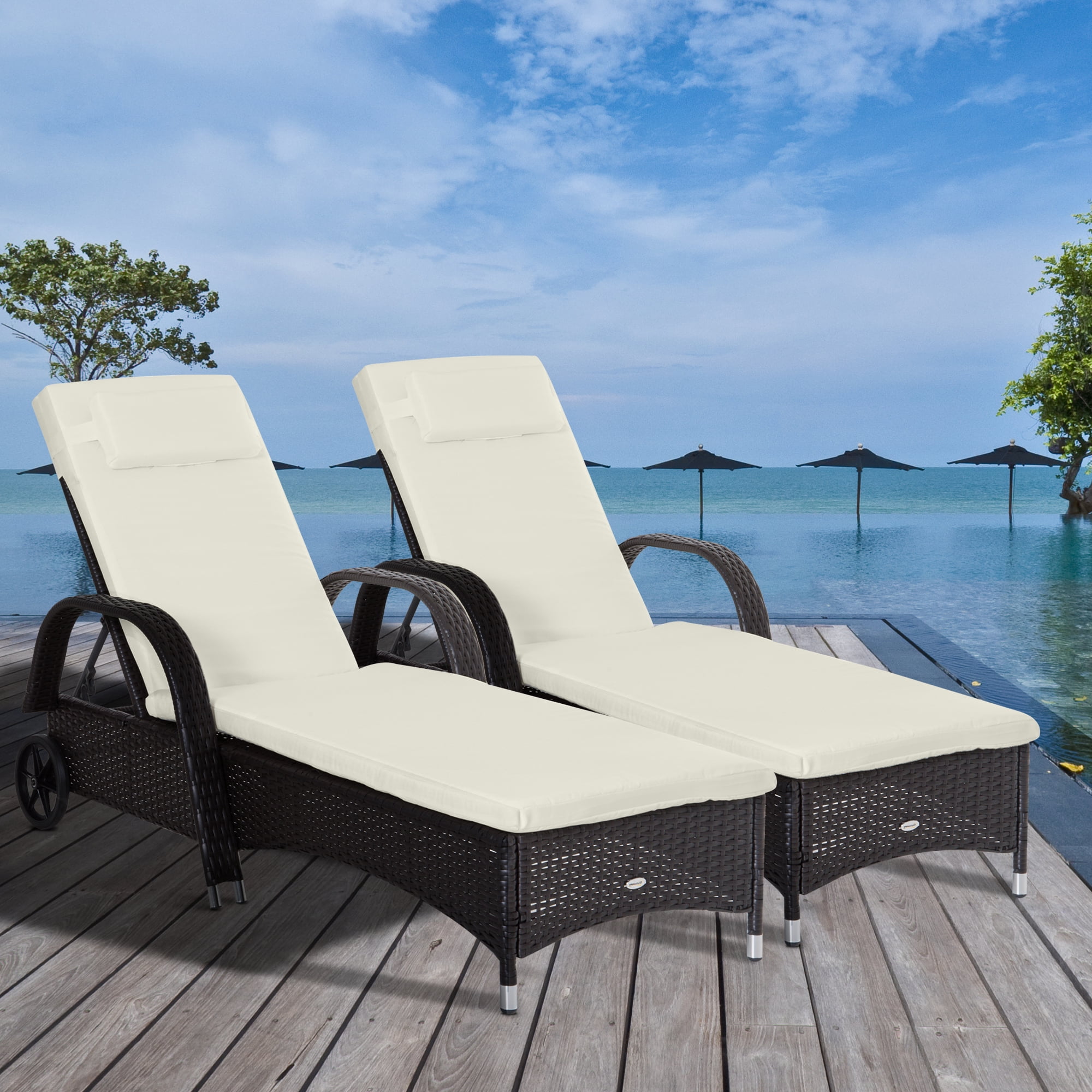 Cream White Cushioned Rattan Chaise Lounger Set with Adjustable Backrests