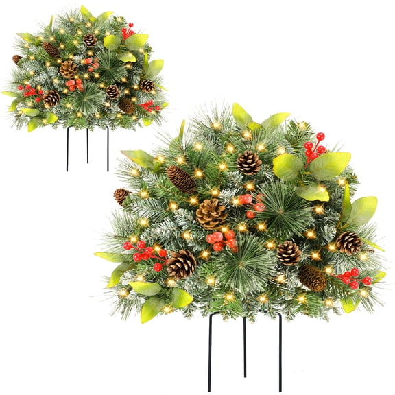 ENVEN Outdoor 2 Pcs Pre-lit Christmas Tree Urn Filler Small Artificial Xmas Pine Tree Mixed with Rose Leaves & Cones & Red Berries 70 Warm Lights