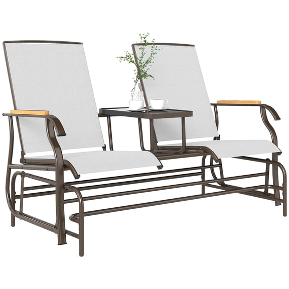 Outdoor 2-Person Glider Bench, Outside Glider Swing Chair Loveseat with Table, Steel Frame, Cream White