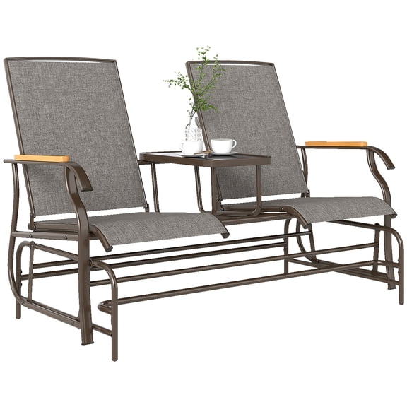 Outdoor 2-Person Glider Bench, Outside Glider Swing Chair Loveseat with Table, Steel Frame, Light Mixed Brown