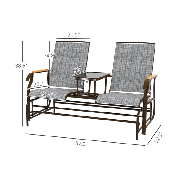 Outdoor 2-Person Glider , Outside Glider Chair Loveseat with Table, Steel Frame, Gray