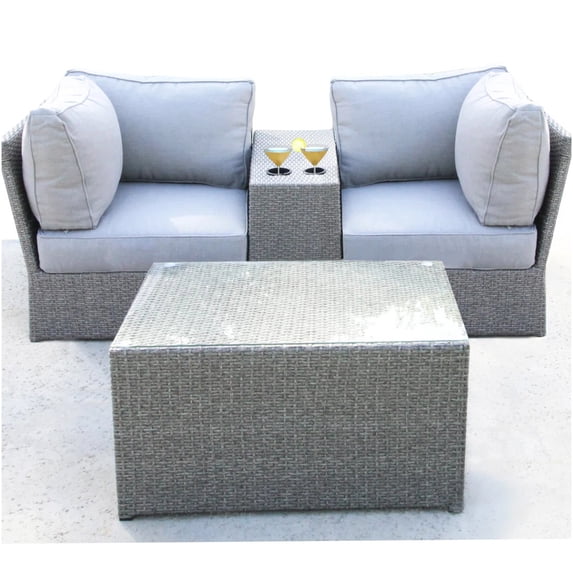 Outdoor 2-Person Sectional Sofa Set with Table and Cushions, Grey All-Weather Wicker