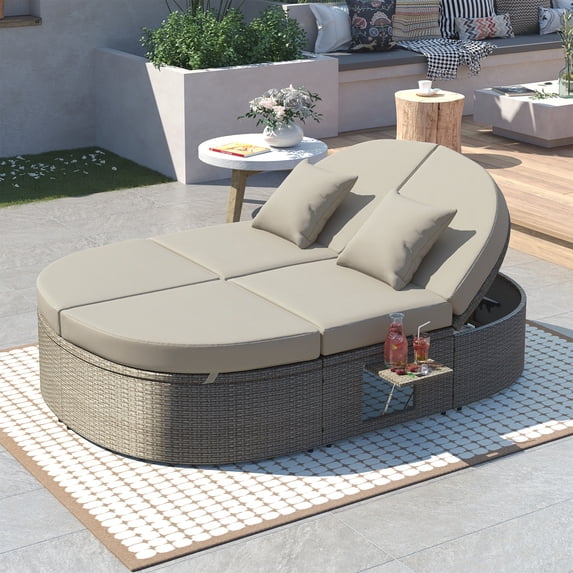 Outdoor 2-Person Sun Bed with Foldable Cup Trays, PE Rattan Garden Daybed Reclining Chaise Lounge with 3-Level Adjustable Backrests, Cushions and Pillows for Lawn Poolside, Gray