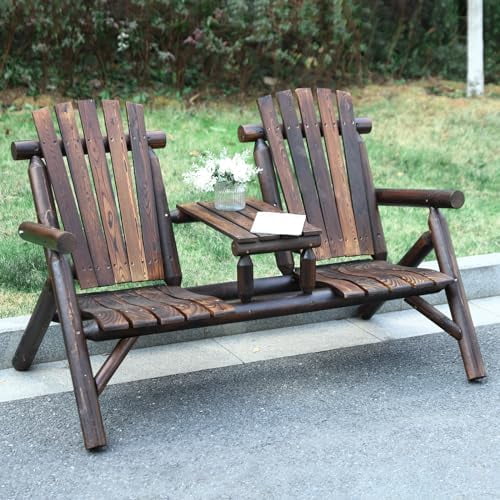 Outdoor 2-Person Wooden Adirondack Bench, Conversation Furniture Set with Patio Rustic Loveseat & Built-in Table, Carbonized Garden Bench Fire Pit Chair for Backyard Porch Pool Deck$$Garden & Patio