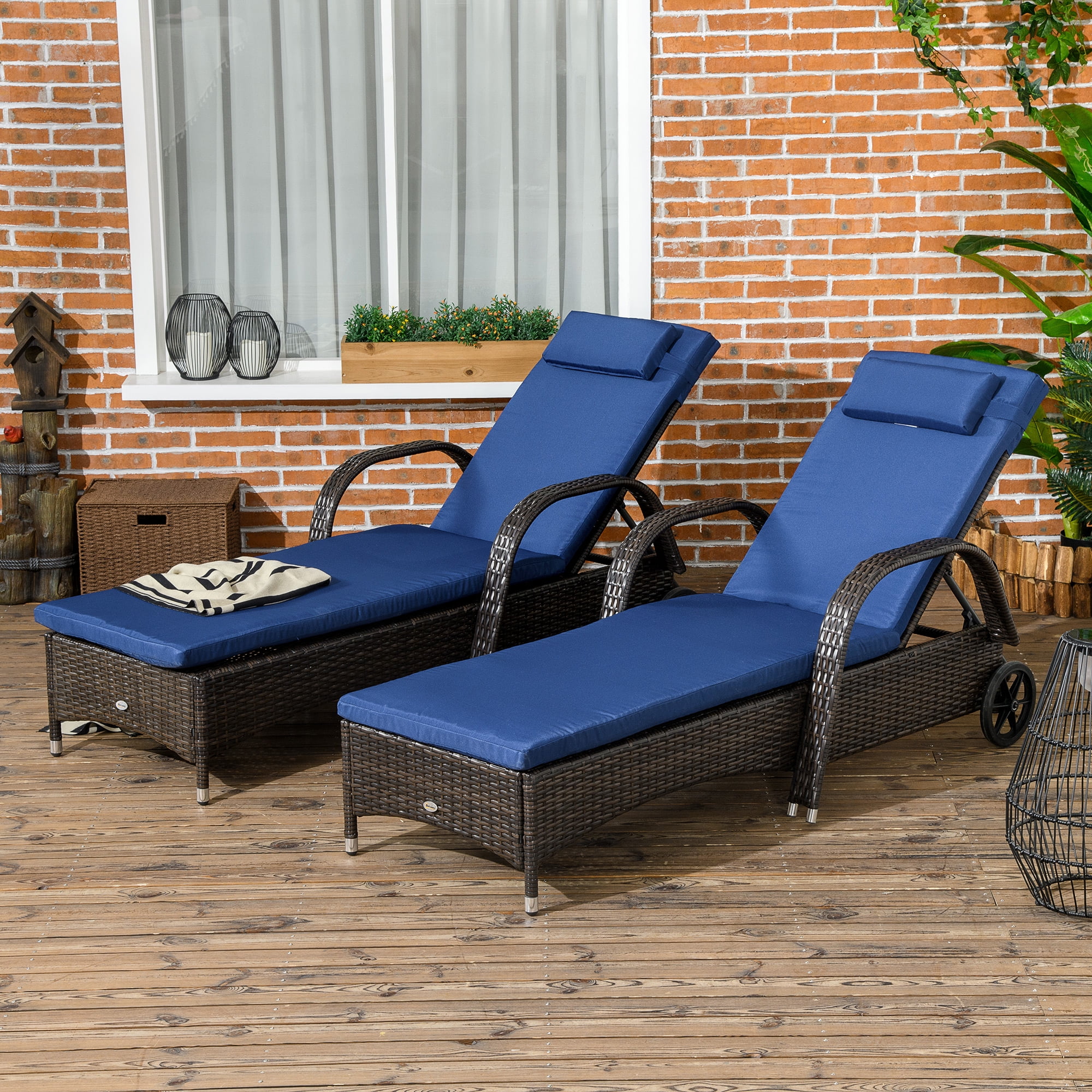 Outsunny Blue Cushioned Wicker Chaise Lounge Set with Adjustable Backrest