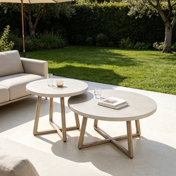 Outdoor 2 Piece Patio Tables Aluminum Nesting Coffee Tables With Concrete Tabletop
