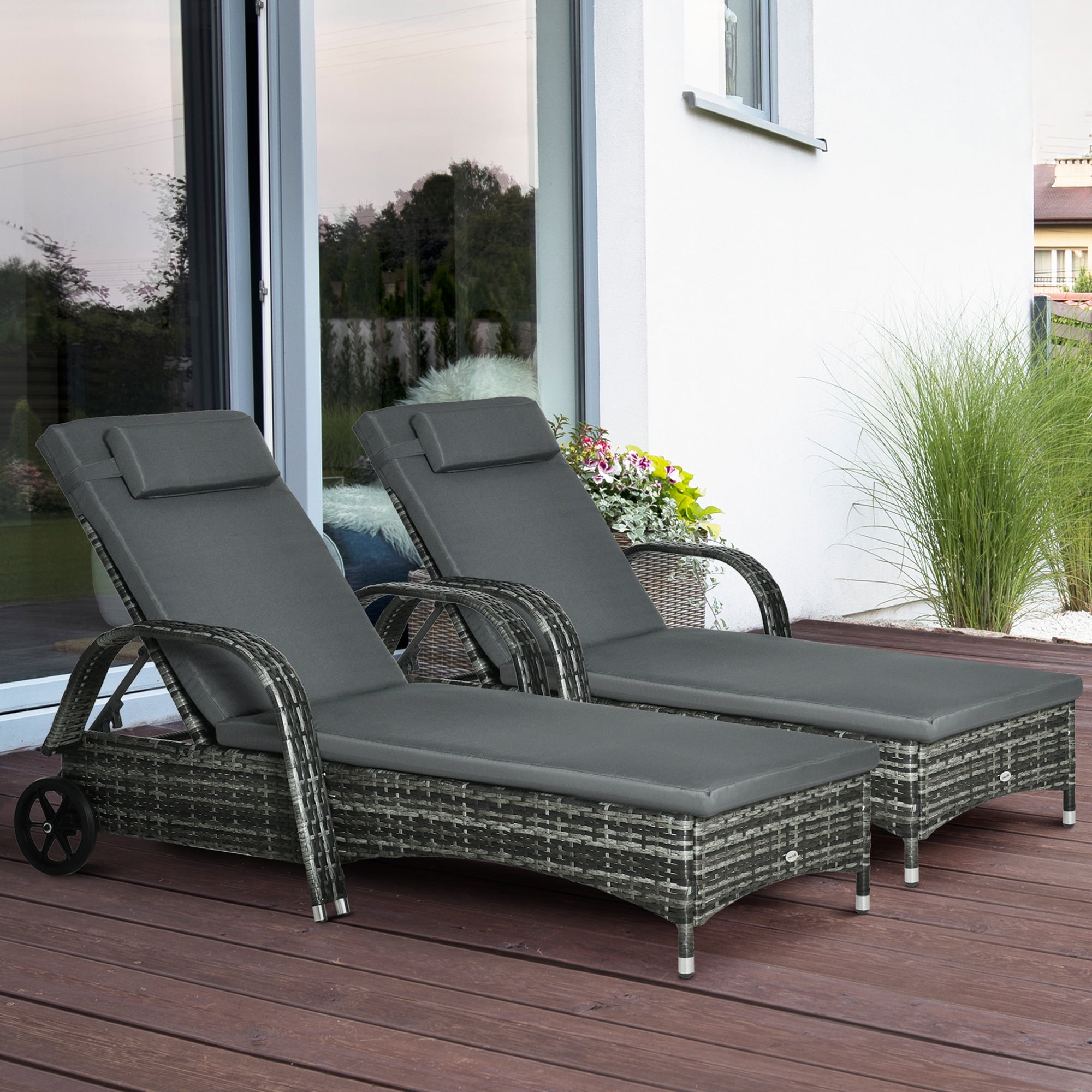 Gray Wicker Outdoor Chaise Lounge Set with Cushions and Wheels