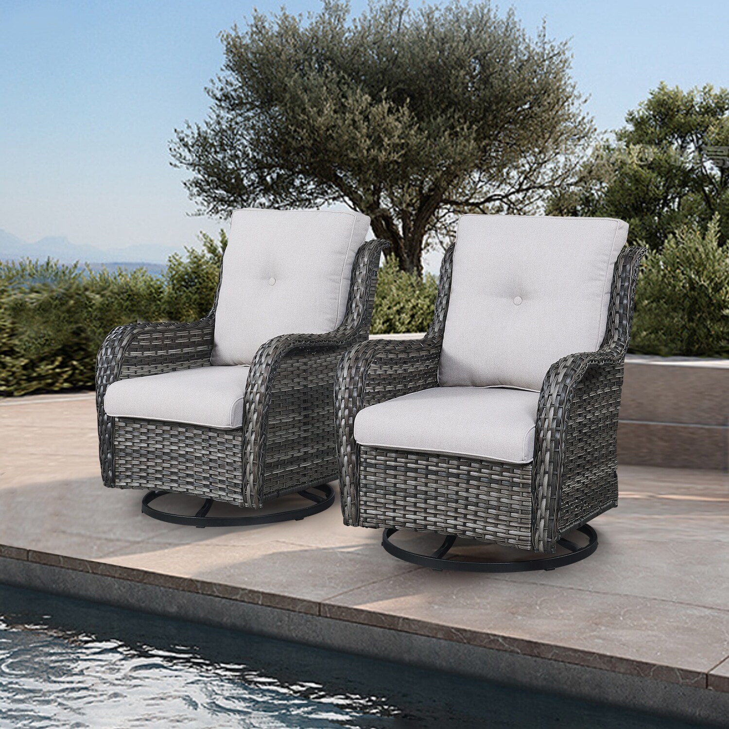 Outdoor 2Piece Wicker Swivel Chair Set Patio Furniture Grey/Biege