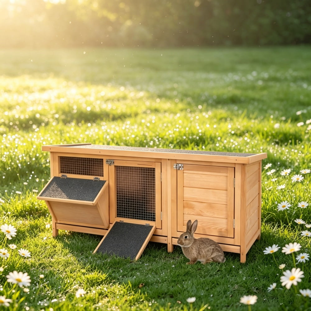 Outdoor 2-Room Fir Wood Rabbit Hutch, Weatherproof Asphalt Roof Small Animal Cage with Pull Out Trays, Predator Resistant Steel Wire Bunny House for Rabbits Guinea Pigs Backyard Patio Use