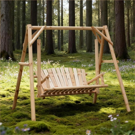 Outdoor 2-Seat Solid Wood Swing Bench | Rustic Carbonized Brown Finish | For Garden Patio Backyard Porch | Natural | Pine