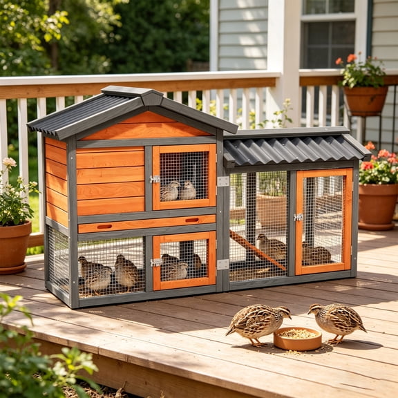 Outdoor 2 Story Quail Cage for 6 Quail with Weatherproof Brooder Box, Indoor Hutch for Guinea pig with Tray, Orange