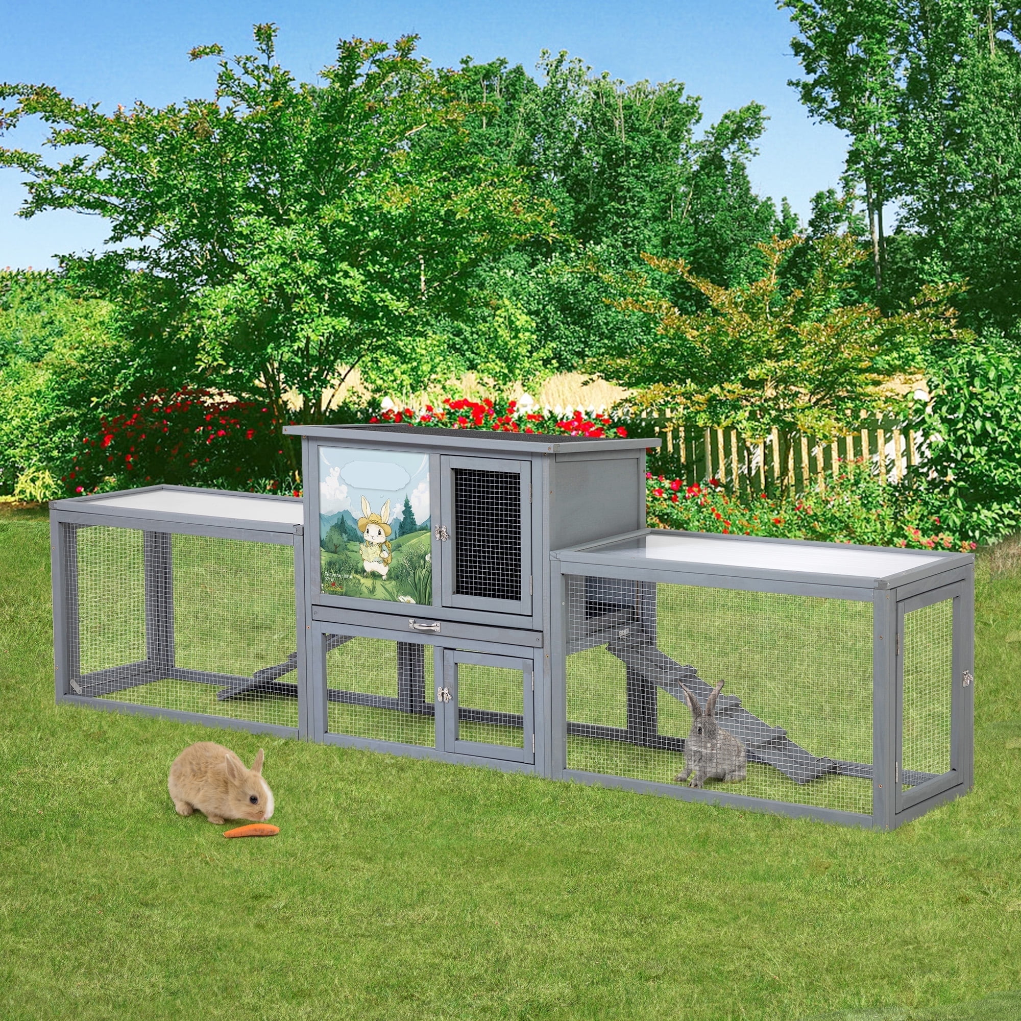 Outdoor 2-Story Rabbit Hutch, Chicken Coop,Large Bunny House with 2 Runs, Resting Room, PC Sun Roof, Pull-Out Tray,Guinea Pig Cage Enclosure