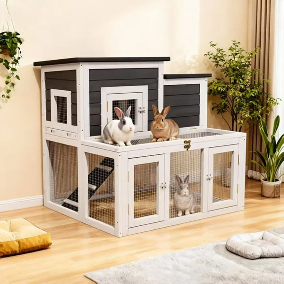 Outdoor 2 Story Wooden Rabbit Hutch with 2 Openable Asphalt Roofs, Indoor Guinea Pig Hideout with Wire Mesh and Tray,Black with White