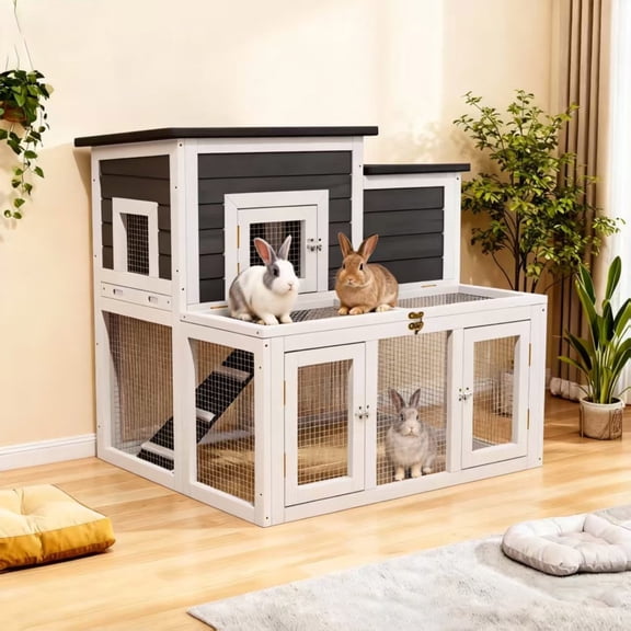 Outdoor 2 Story Wooden Rabbit Hutch with 2 Openable Asphalt Roofs, Indoor Guinea Pig Hideout with Wire Mesh and Tray,Black with White