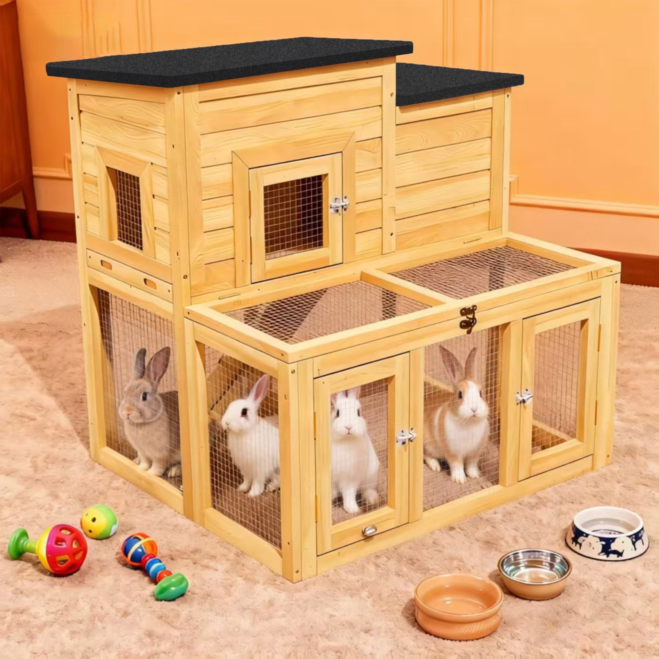 Outdoor 2 Story Wooden Rabbit Hutch with 2 Openable Asphalt Roofs, Indoor Guinea Pig Hideout with Wire Mesh and Tray,Yellow