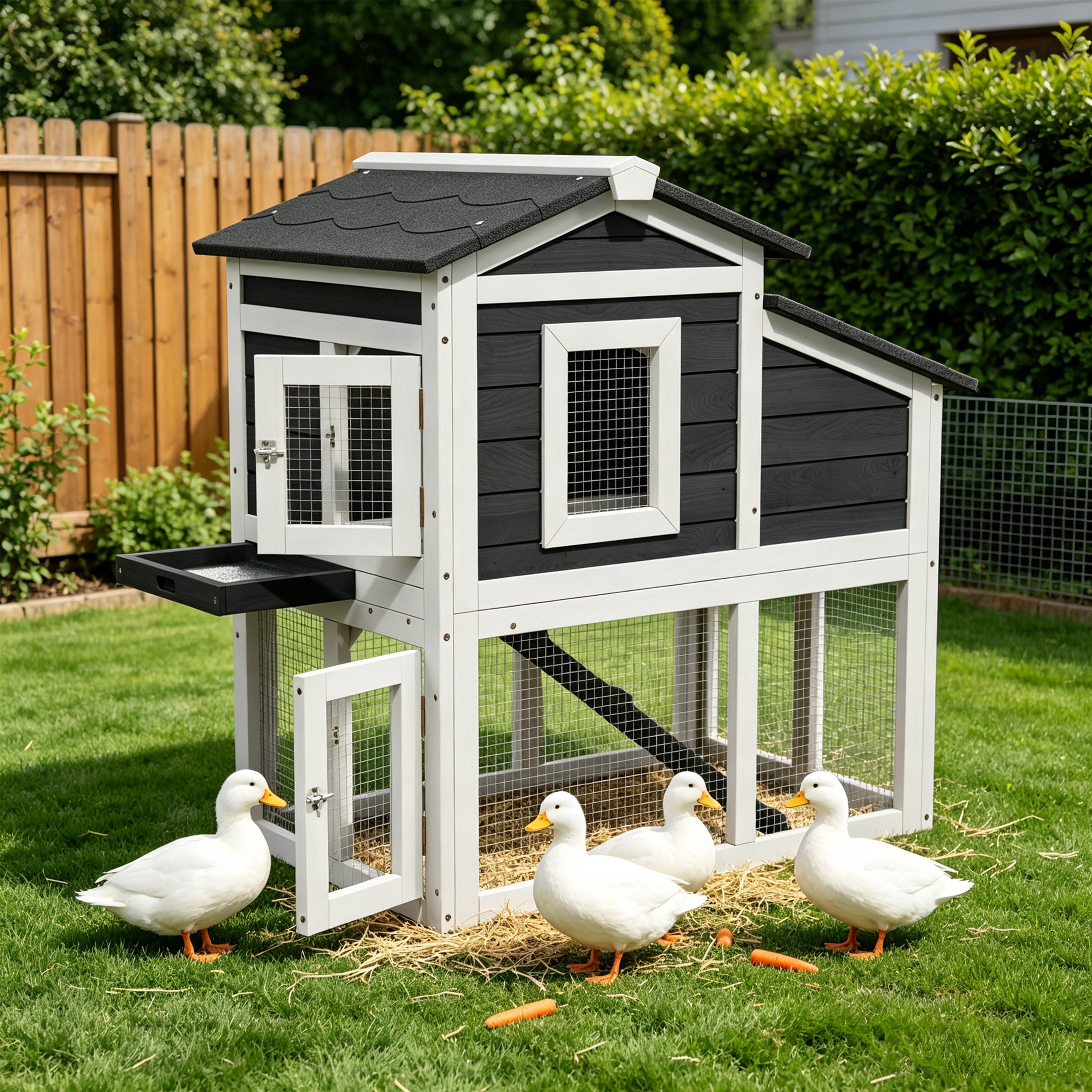 Outdoor 2-Tier Weatherproof Duck Coop, Wooden Duck Hutch with Open Roof, Suitable for 2-3 Ducks, Black & White