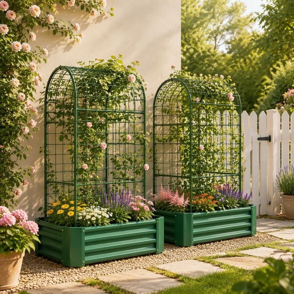 Outdoor 2-in-1 Raised Garden Bed with 59-Inch Arch Trellis and Climbing Net for Vegetables, Fruits, and Flowers, Galvanized Steel Planter Box in Green, 4x2x1 Feet