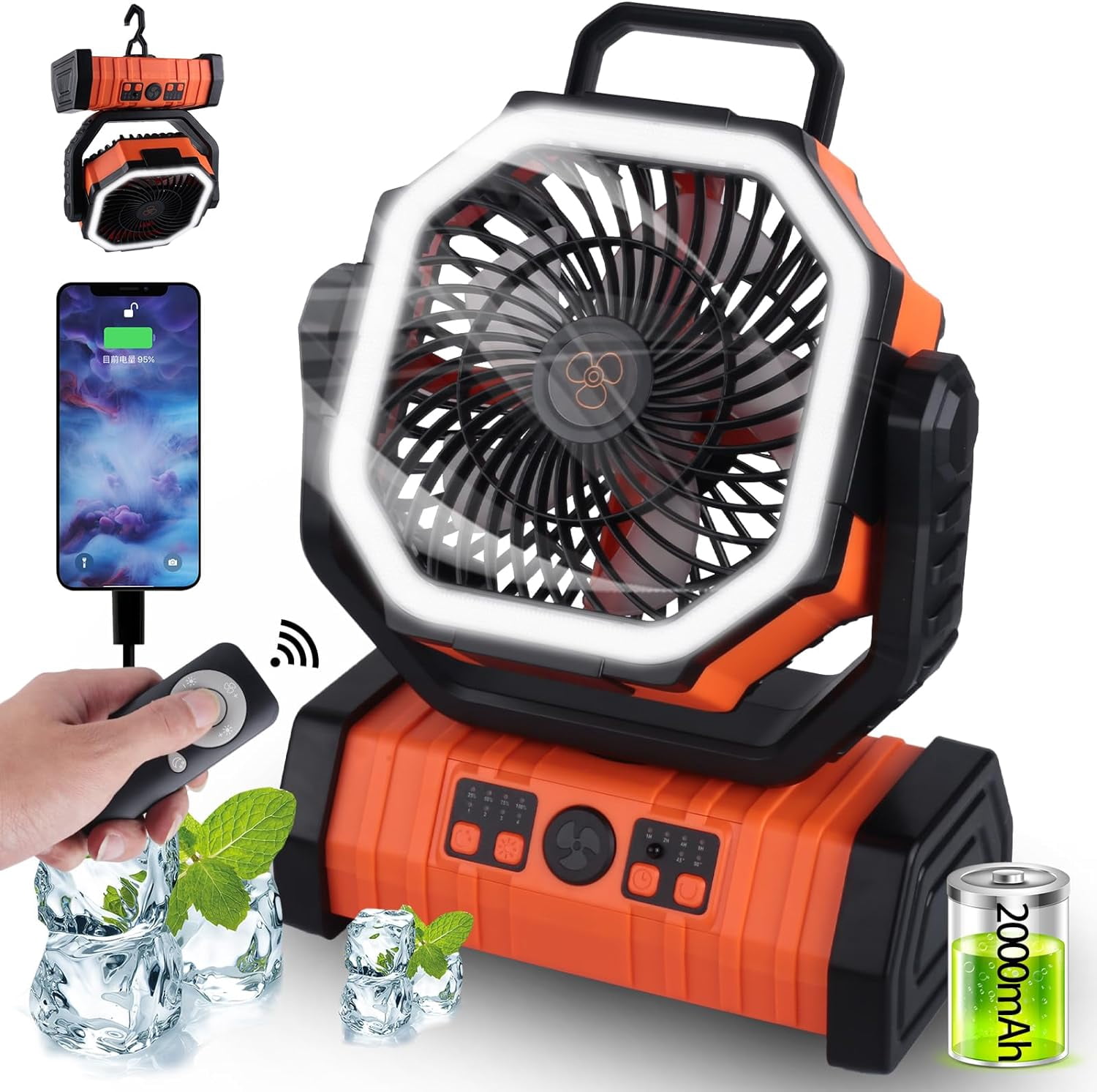 Outdoor 20000 mAh Rechargeable Tent Camping Fan with LED Hook,8 inch Remote Timer USB Portable Battery Operated Fan,270° Pivot 58 Hrs Desk Fan for Travel,BBQ,Poweroutage,Jobsite (orange)